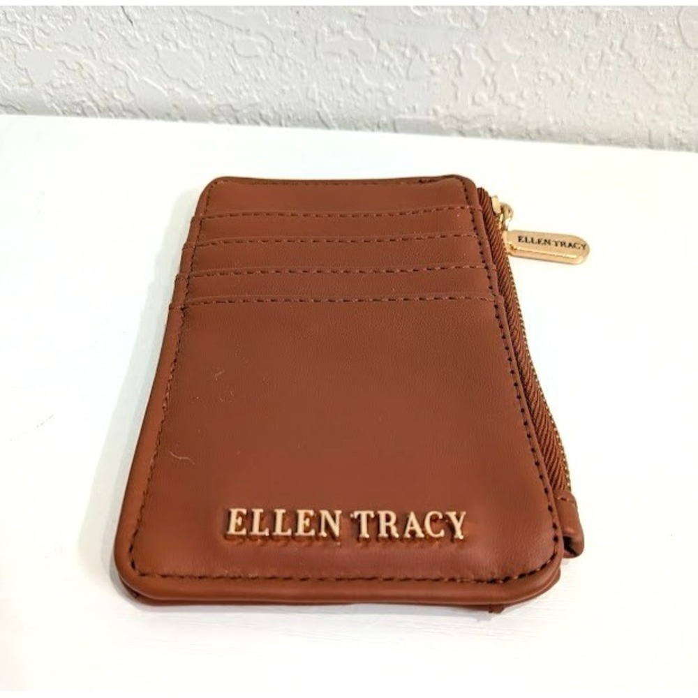 Ellen Tracy Brown Fashion Slim Wallet Card Holder ID Gold Zipper 4 Pocket front